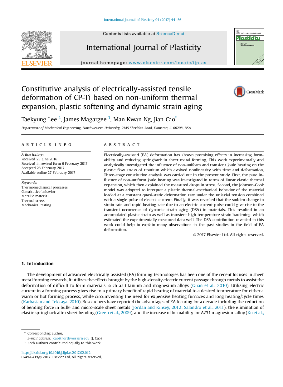 Constitutive analysis of electrically-assisted tensile deformation of CP-Ti based on non-uniform thermal expansion, plastic softening and dynamic strain aging