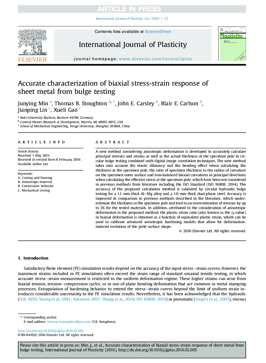 Accurate characterization of biaxial stress-strain response of sheet metal from bulge testing