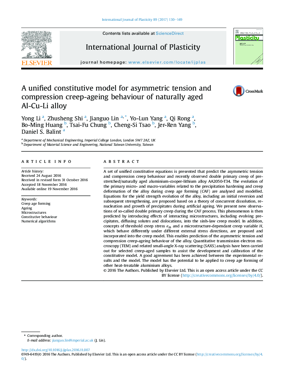 A unified constitutive model for asymmetric tension and compression creep-ageing behaviour of naturally aged Al-Cu-Li alloy