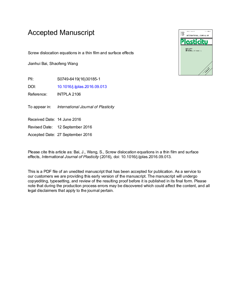 Screw dislocation equations in a thin film and surface effects