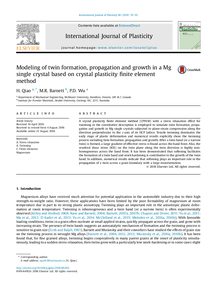 Modeling of twin formation, propagation and growth in a Mg single crystal based on crystal plasticity finite element method