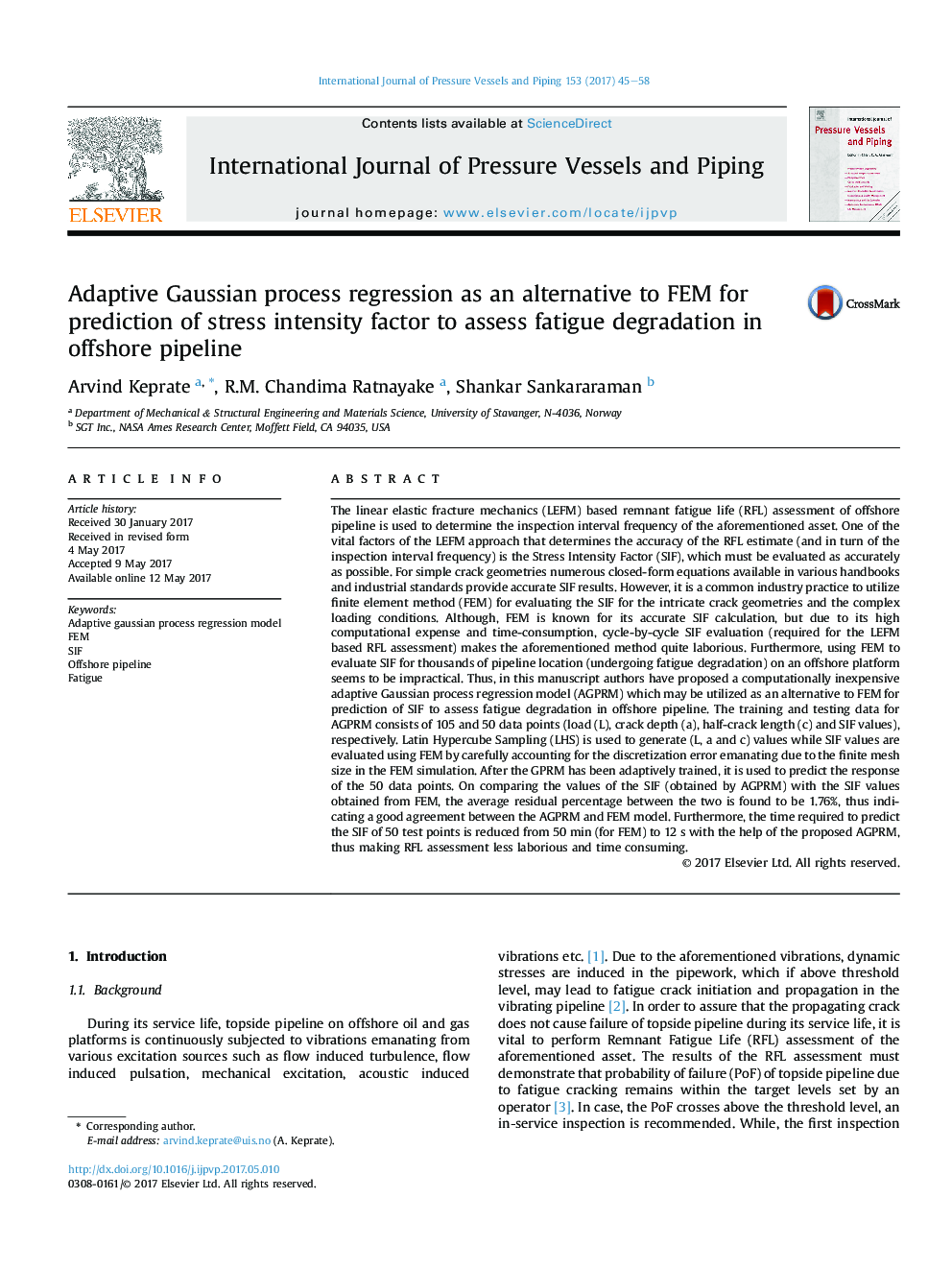 Adaptive Gaussian process regression as an alternative to FEM for prediction of stress intensity factor to assess fatigue degradation in offshore pipeline