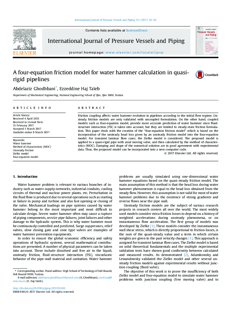 A four-equation friction model for water hammer calculation in quasi-rigid pipelines