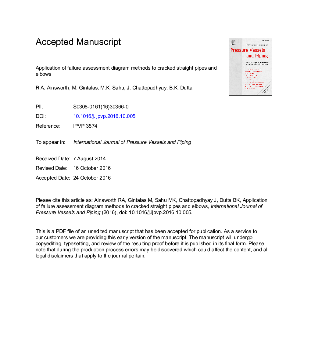 Application of failure assessment diagram methods to cracked straight pipes and elbows