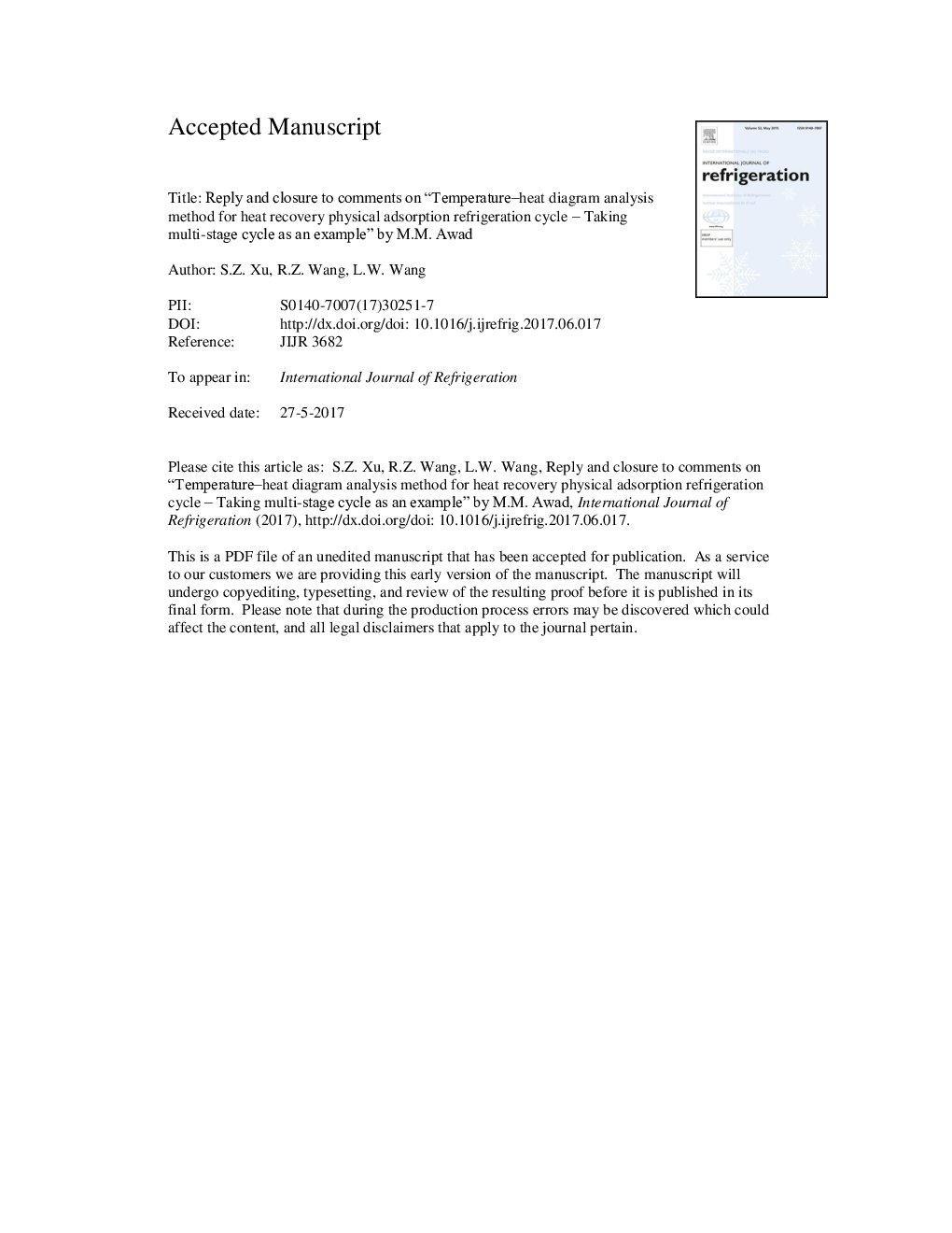 Reply and closure to comments on “Temperature-heat diagram analysis method for heat recovery physical adsorption refrigeration cycle - Taking multi-stage cycle as an example” by M.M. Awad