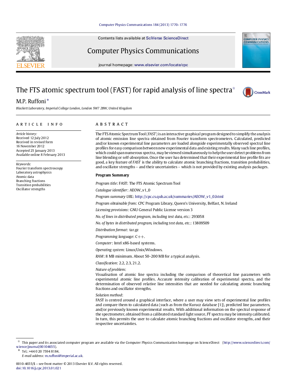 The FTS atomic spectrum tool (FAST) for rapid analysis of line spectra 