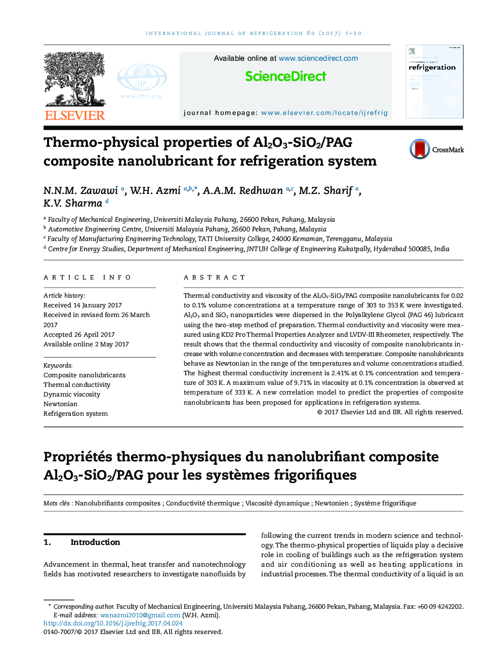Thermo-physical properties of Al2O3-SiO2/PAG composite nanolubricant for refrigeration system