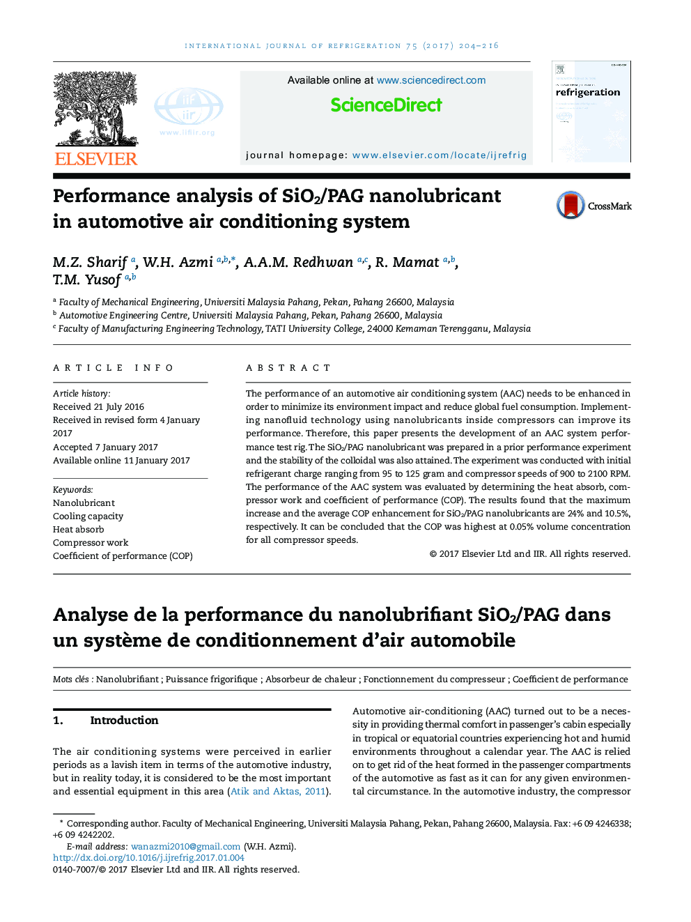 Performance analysis of SiO2/PAG nanolubricant in automotive air conditioning system