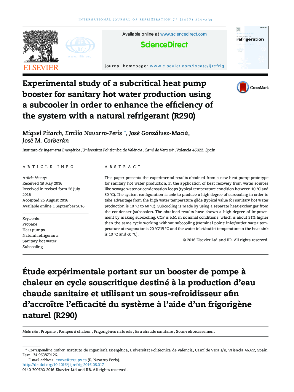Experimental study of a subcritical heat pump booster for sanitary hot water production using a subcooler in order to enhance the efficiency of the system with a natural refrigerant (R290)