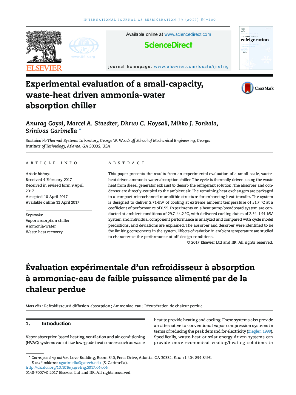 Experimental evaluation of a small-capacity, waste-heat driven ammonia-water absorption chiller