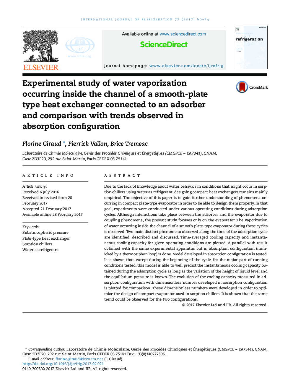 Experimental study of water vaporization occurring inside the channel of a smooth-plate type heat exchanger connected to an adsorber and comparison with trends observed in absorption configuration