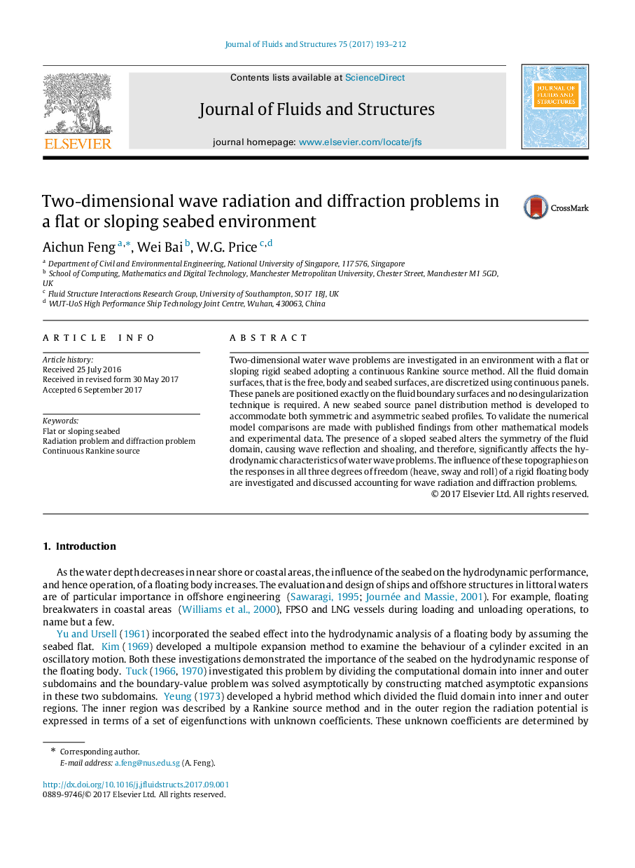 Two-dimensional wave radiation and diffraction problems in a flat or sloping seabed environment