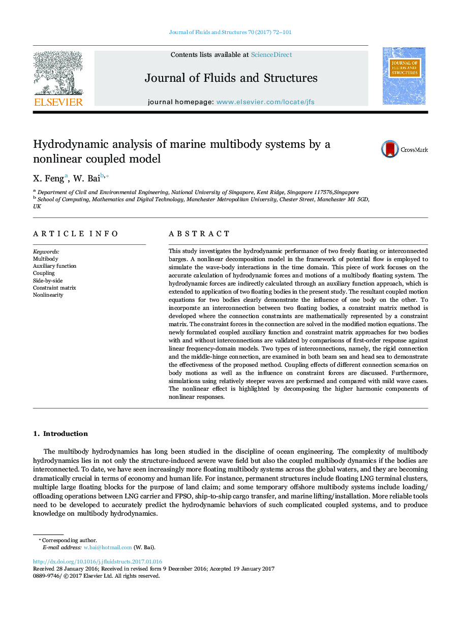 Hydrodynamic analysis of marine multibody systems by a nonlinear coupled model