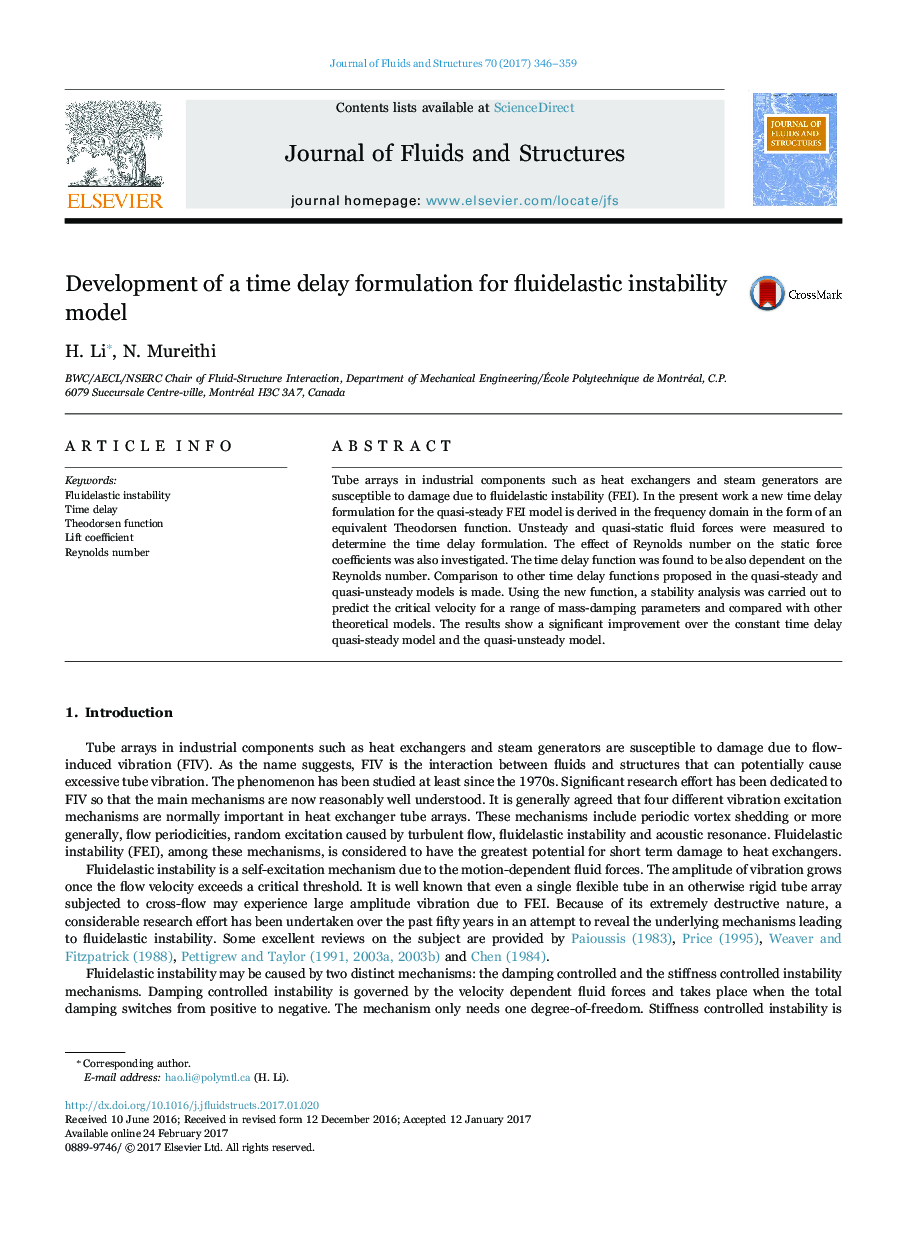 Development of a time delay formulation for fluidelastic instability model