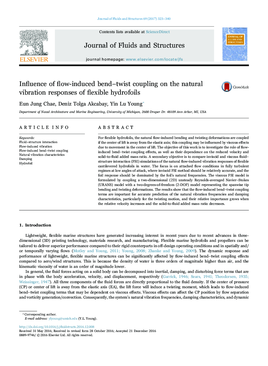 Influence of flow-induced bend-twist coupling on the natural vibration responses of flexible hydrofoils