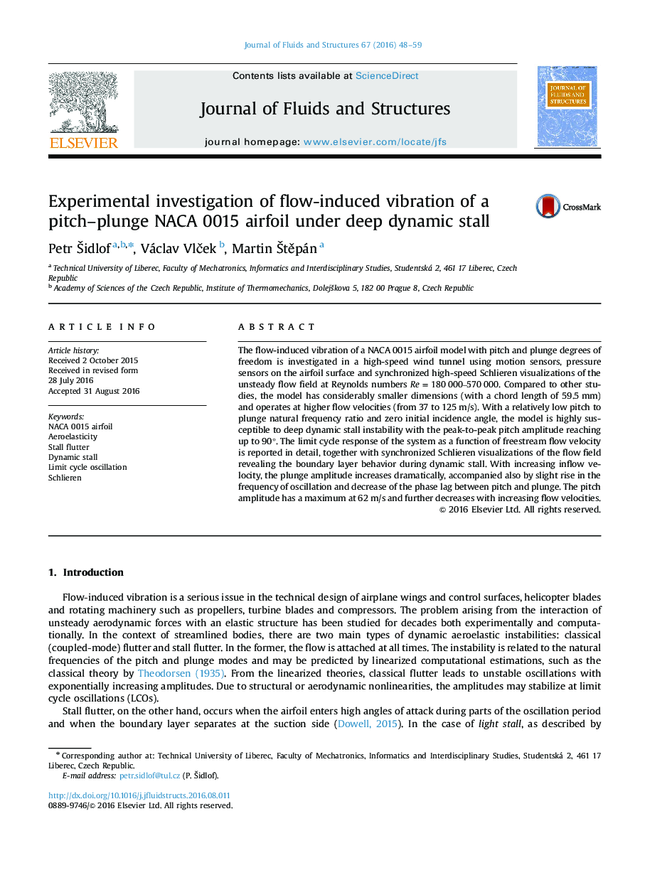 Experimental investigation of flow-induced vibration of a pitch-plunge NACA 0015 airfoil under deep dynamic stall