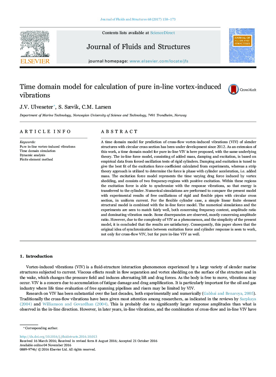 Time domain model for calculation of pure in-line vortex-induced vibrations