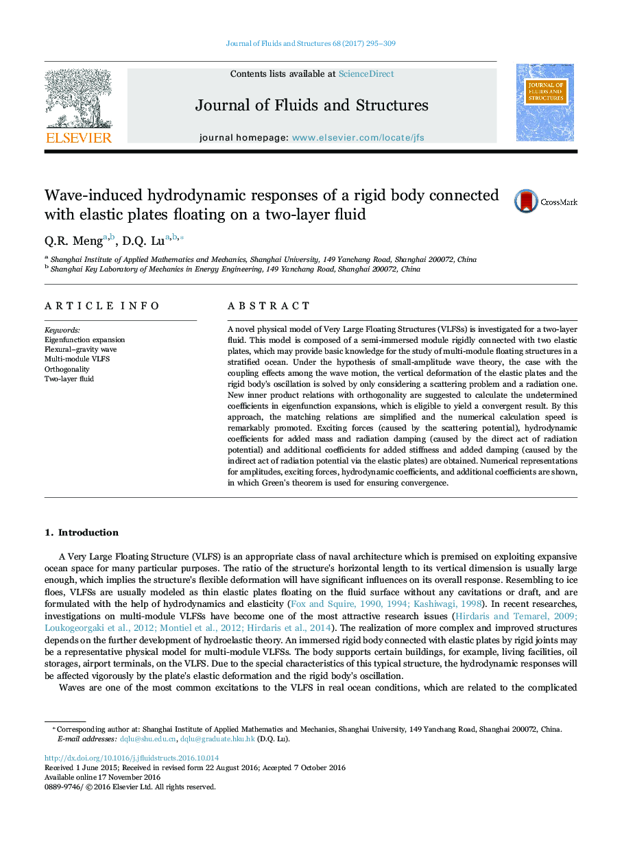 Wave-induced hydrodynamic responses of a rigid body connected with elastic plates floating on a two-layer fluid