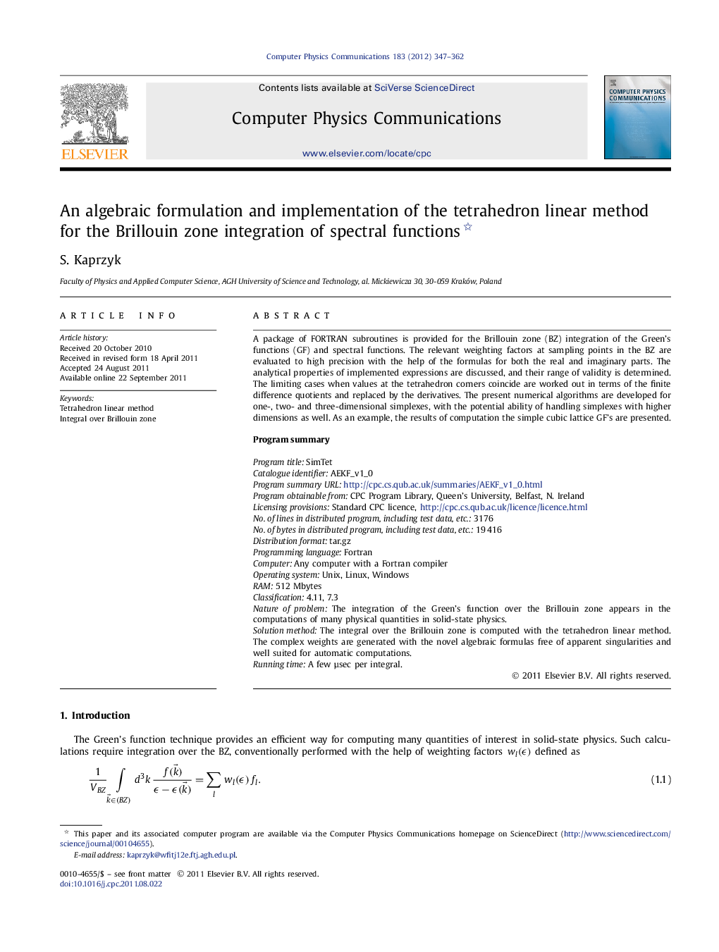 An algebraic formulation and implementation of the tetrahedron linear method for the Brillouin zone integration of spectral functions 