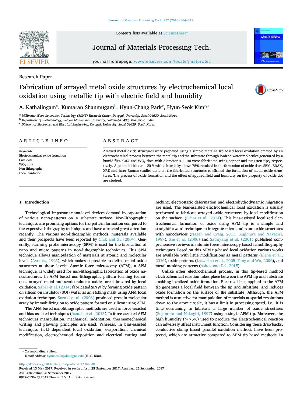 Fabrication of arrayed metal oxide structures by electrochemical local oxidation using metallic tip with electric field and humidity