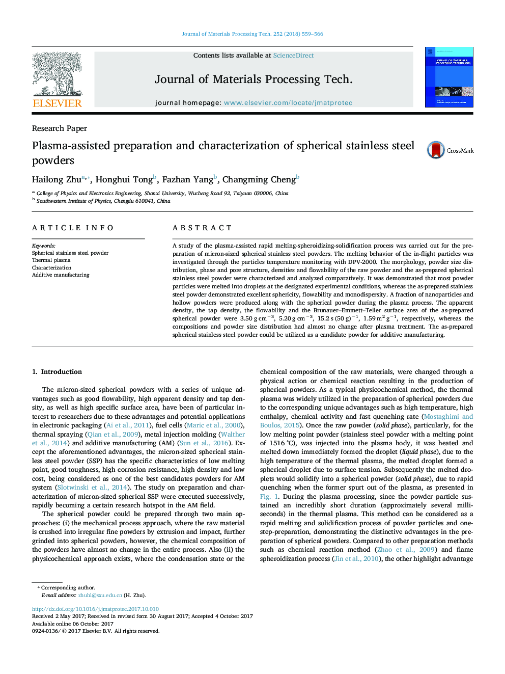 Plasma-assisted preparation and characterization of spherical stainless steel powders