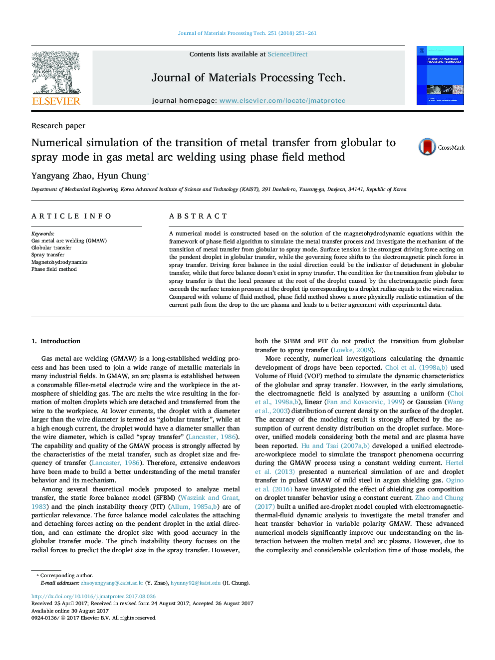 Numerical simulation of the transition of metal transfer from globular to spray mode in gas metal arc welding using phase field method