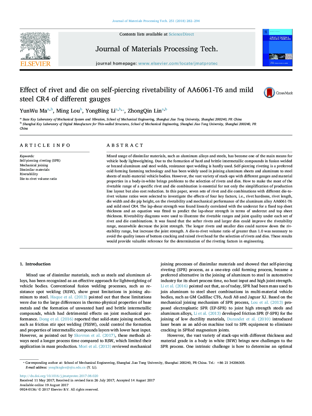 Effect of rivet and die on self-piercing rivetability of AA6061-T6 and mild steel CR4 of different gauges