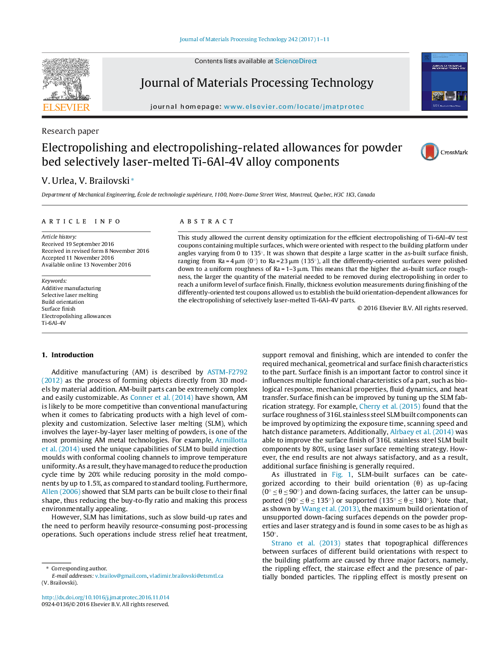 Electropolishing and electropolishing-related allowances for powder bed selectively laser-melted Ti-6Al-4V alloy components