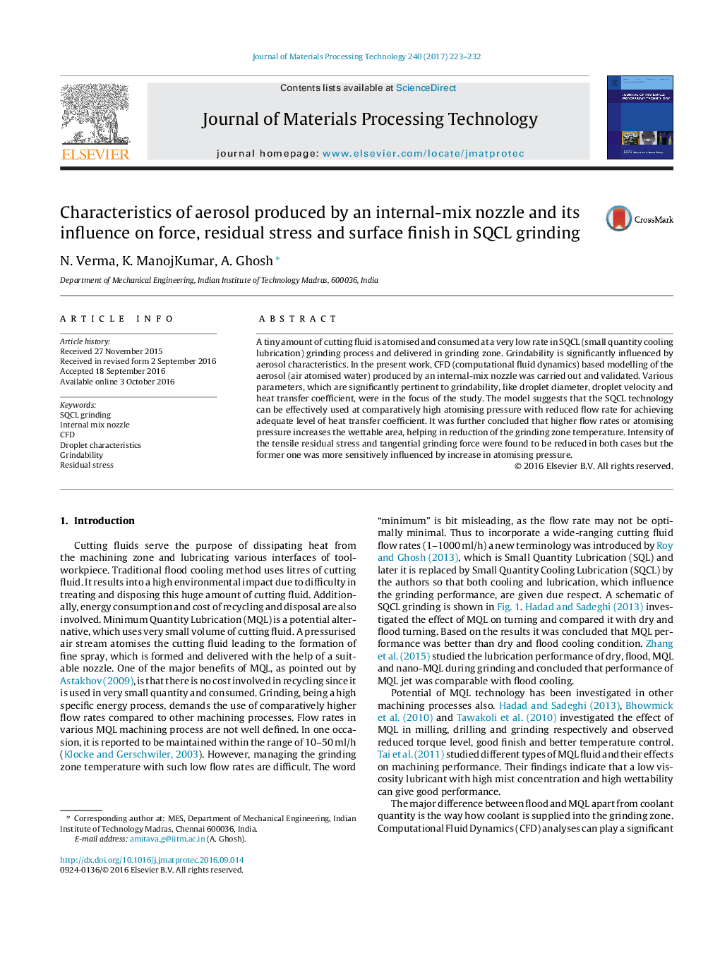 Characteristics of aerosol produced by an internal-mix nozzle and its influence on force, residual stress and surface finish in SQCL grinding