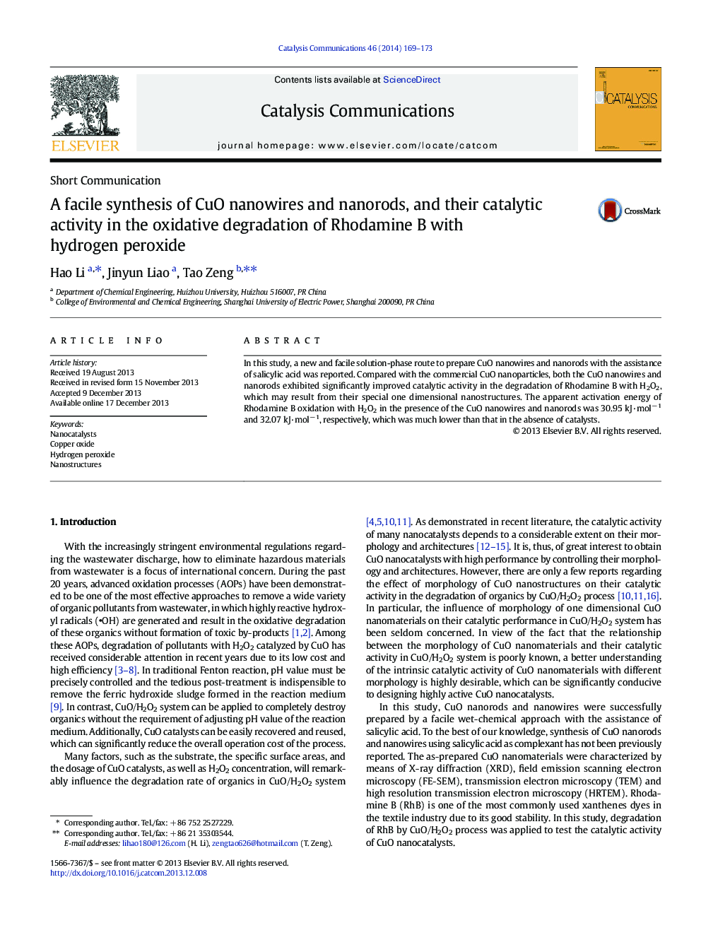 A facile synthesis of CuO nanowires and nanorods, and their catalytic activity in the oxidative degradation of Rhodamine B with hydrogen peroxide