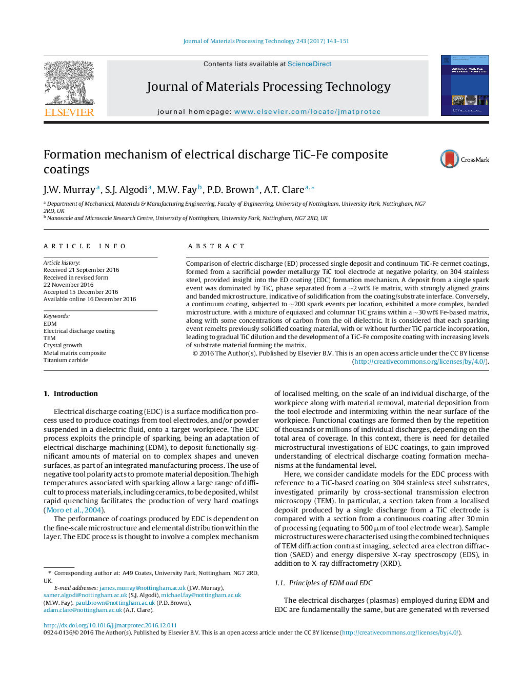 Formation mechanism of electrical discharge TiC-Fe composite coatings