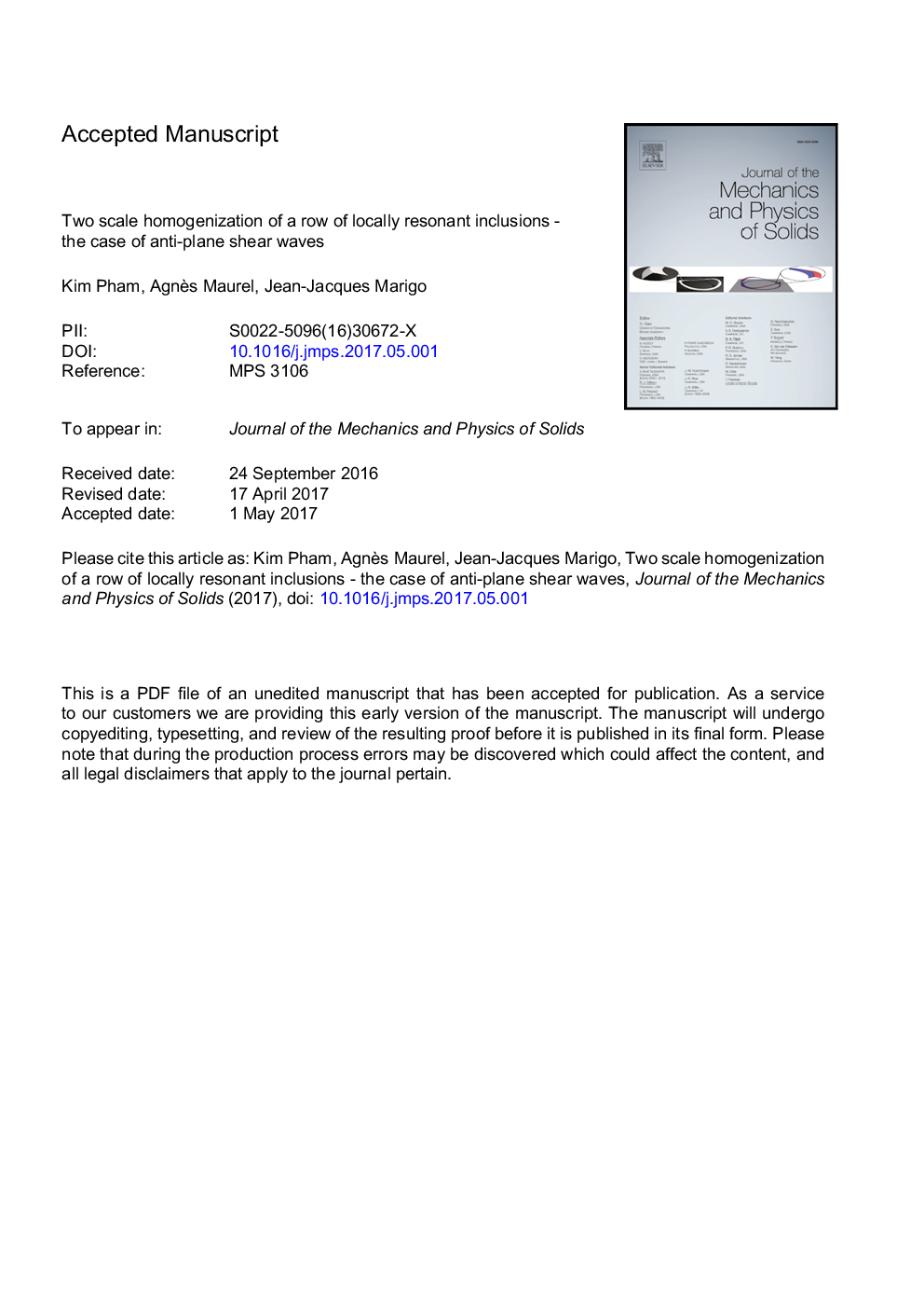 Two scale homogenization of a row of locally resonant inclusions - the case of anti-plane shear waves