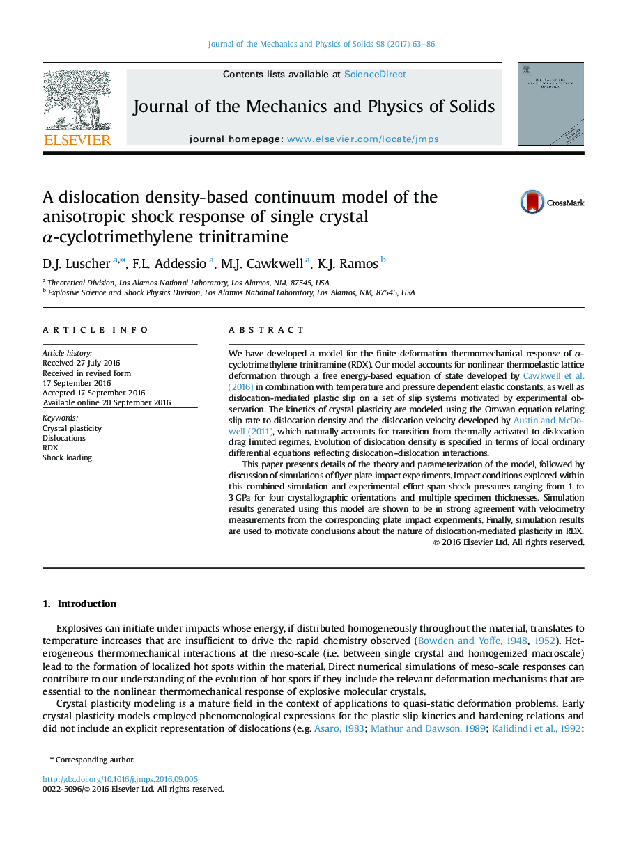 A dislocation density-based continuum model of the anisotropic shock response of single crystal Î±-cyclotrimethylene trinitramine