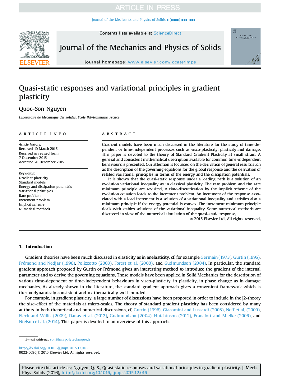 Quasi-static responses and variational principles in gradient plasticity