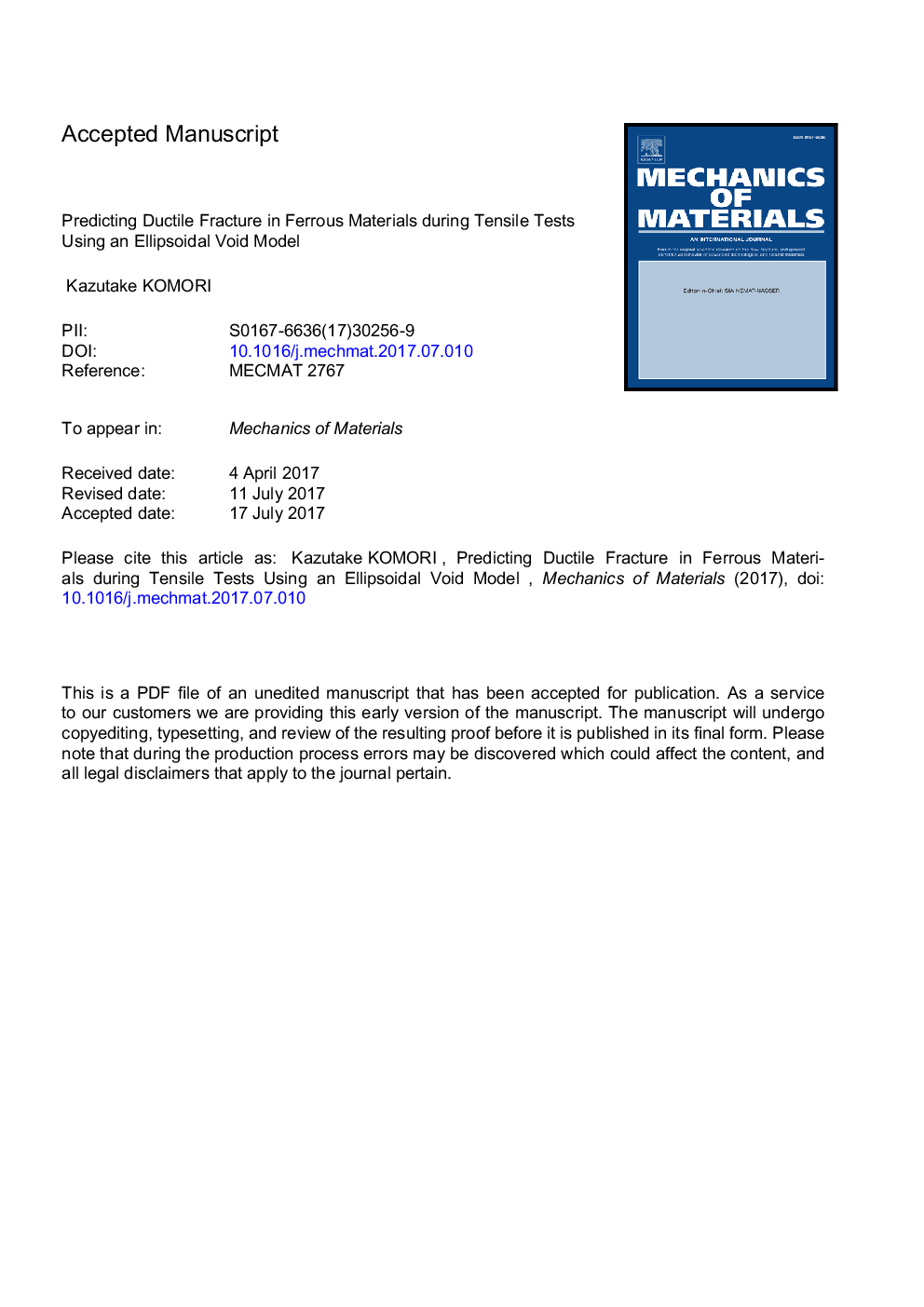 Predicting ductile fracture in ferrous materials during tensile tests using an ellipsoidal void model