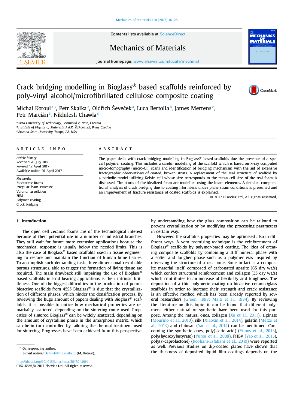 Crack bridging modelling in Bioglass® based scaffolds reinforced by poly-vinyl alcohol/microfibrillated cellulose composite coating