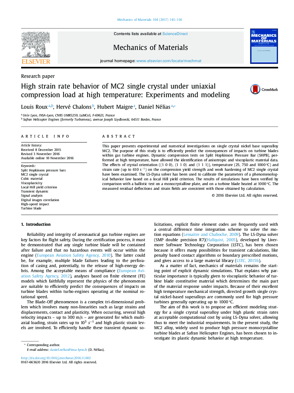 High strain rate behavior of MC2 single crystal under uniaxial compression load at high temperature: Experiments and modeling