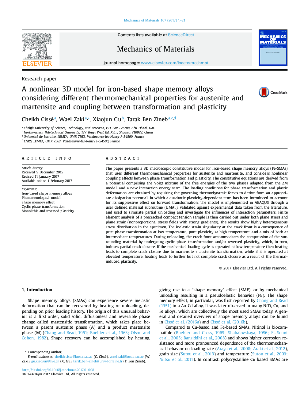 A nonlinear 3D model for iron-based shape memory alloys considering different thermomechanical properties for austenite and martensite and coupling between transformation and plasticity