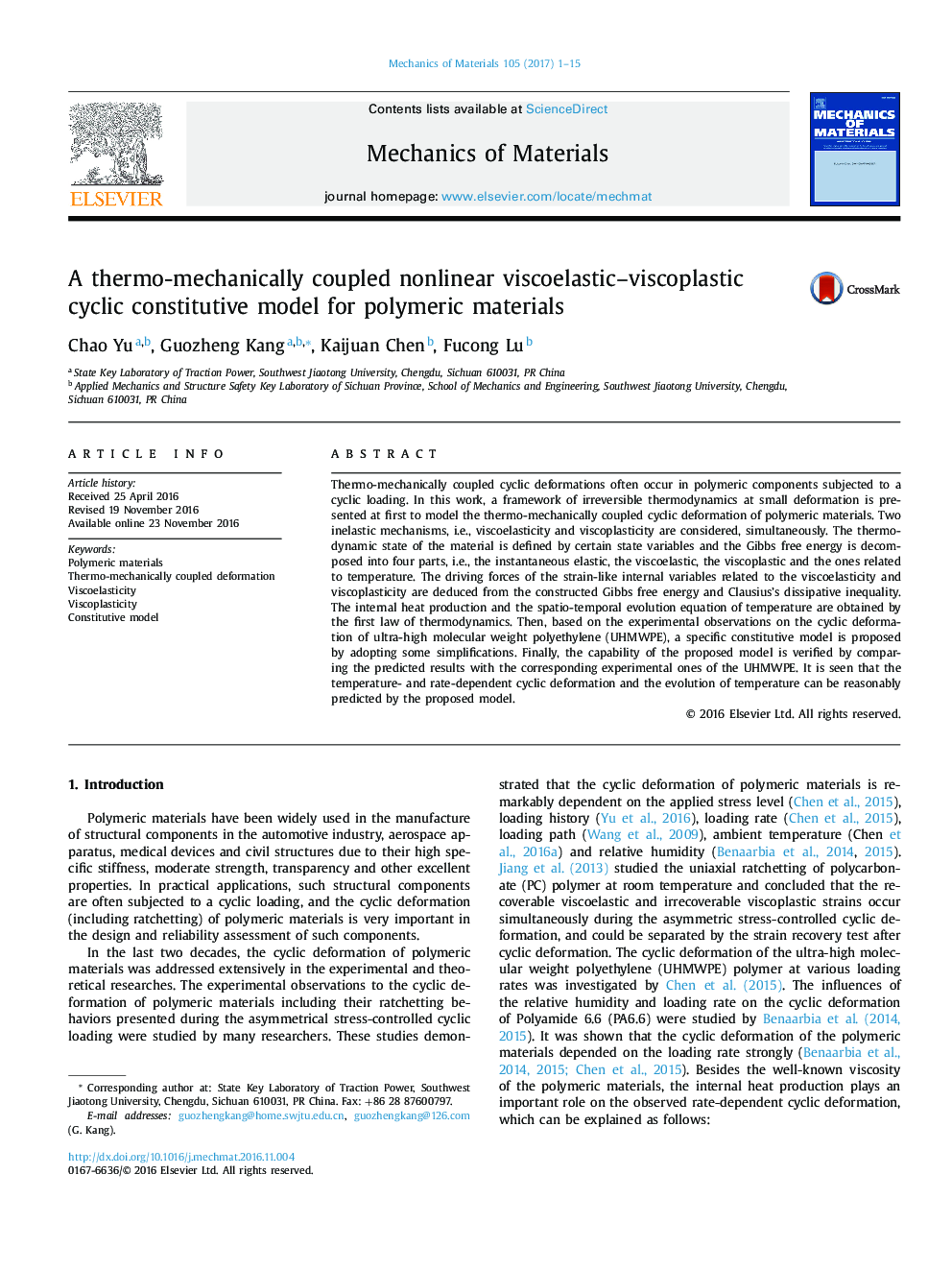 A thermo-mechanically coupled nonlinear viscoelastic-viscoplastic cyclic constitutive model for polymeric materials