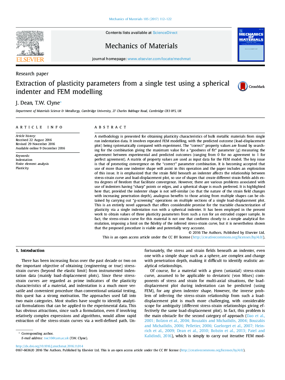 Research paperExtraction of plasticity parameters from a single test using a spherical indenter and FEM modelling