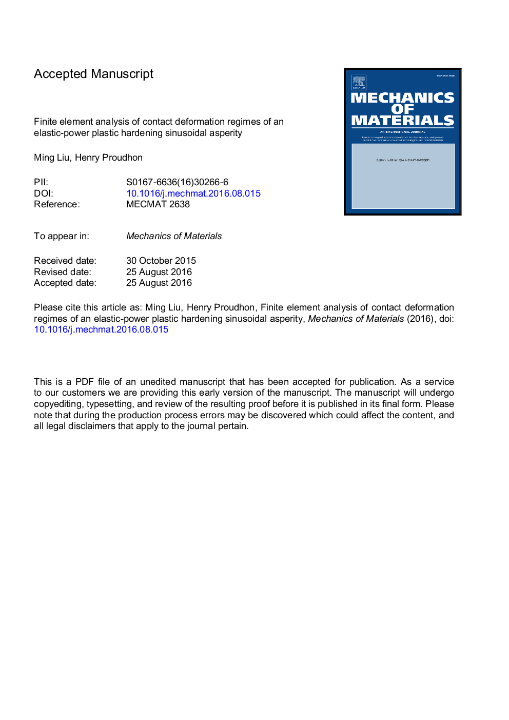 Finite element analysis of contact deformation regimes of an elastic-power plastic hardening sinusoidal asperity