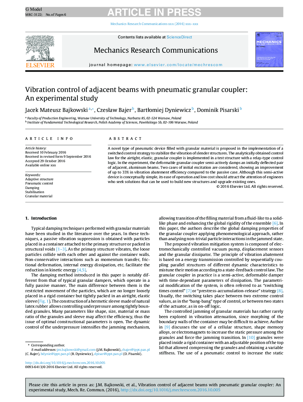 Vibration control of adjacent beams with pneumatic granular coupler: An experimental study