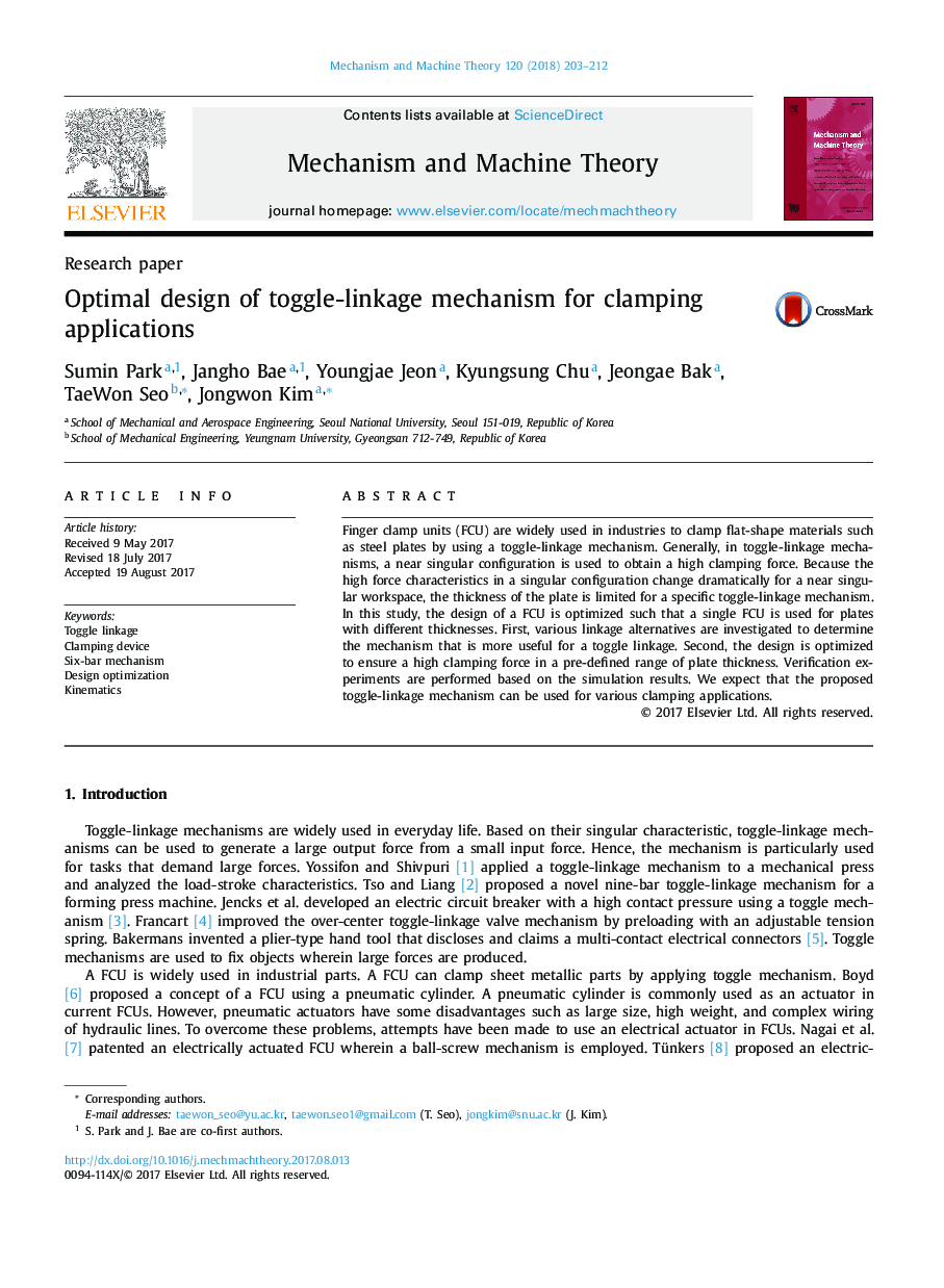 Optimal design of toggle-linkage mechanism for clamping applications