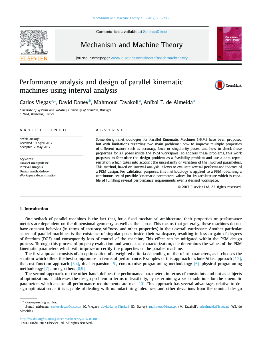 Performance analysis and design of parallel kinematic machines using interval analysis