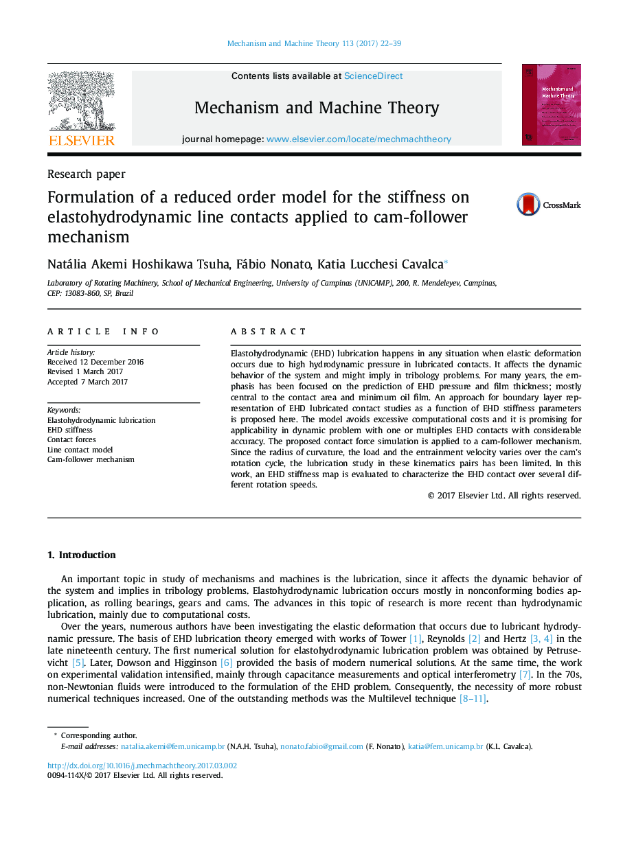 Formulation of a reduced order model for the stiffness on elastohydrodynamic line contacts applied to cam-follower mechanism