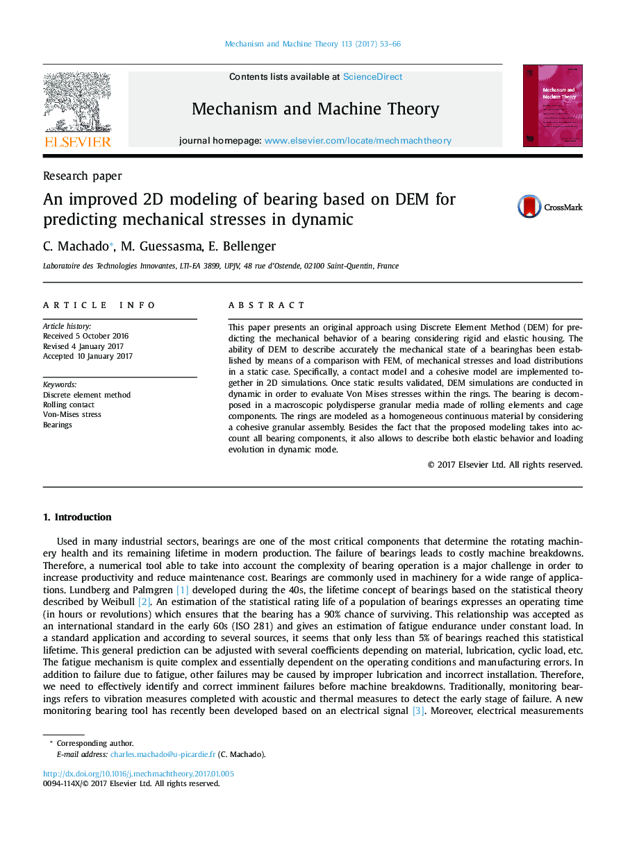 An improved 2D modeling of bearing based on DEM for predicting mechanical stresses in dynamic