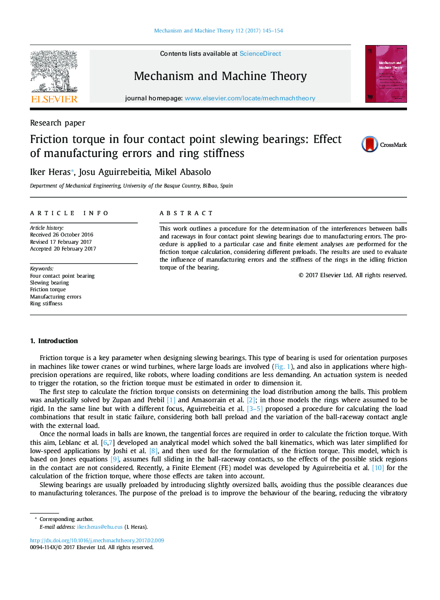 Friction torque in four contact point slewing bearings: Effect of manufacturing errors and ring stiffness