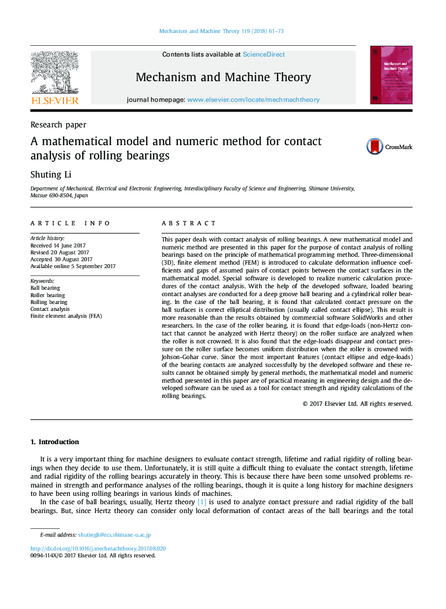 A mathematical model and numeric method for contact analysis of rolling bearings