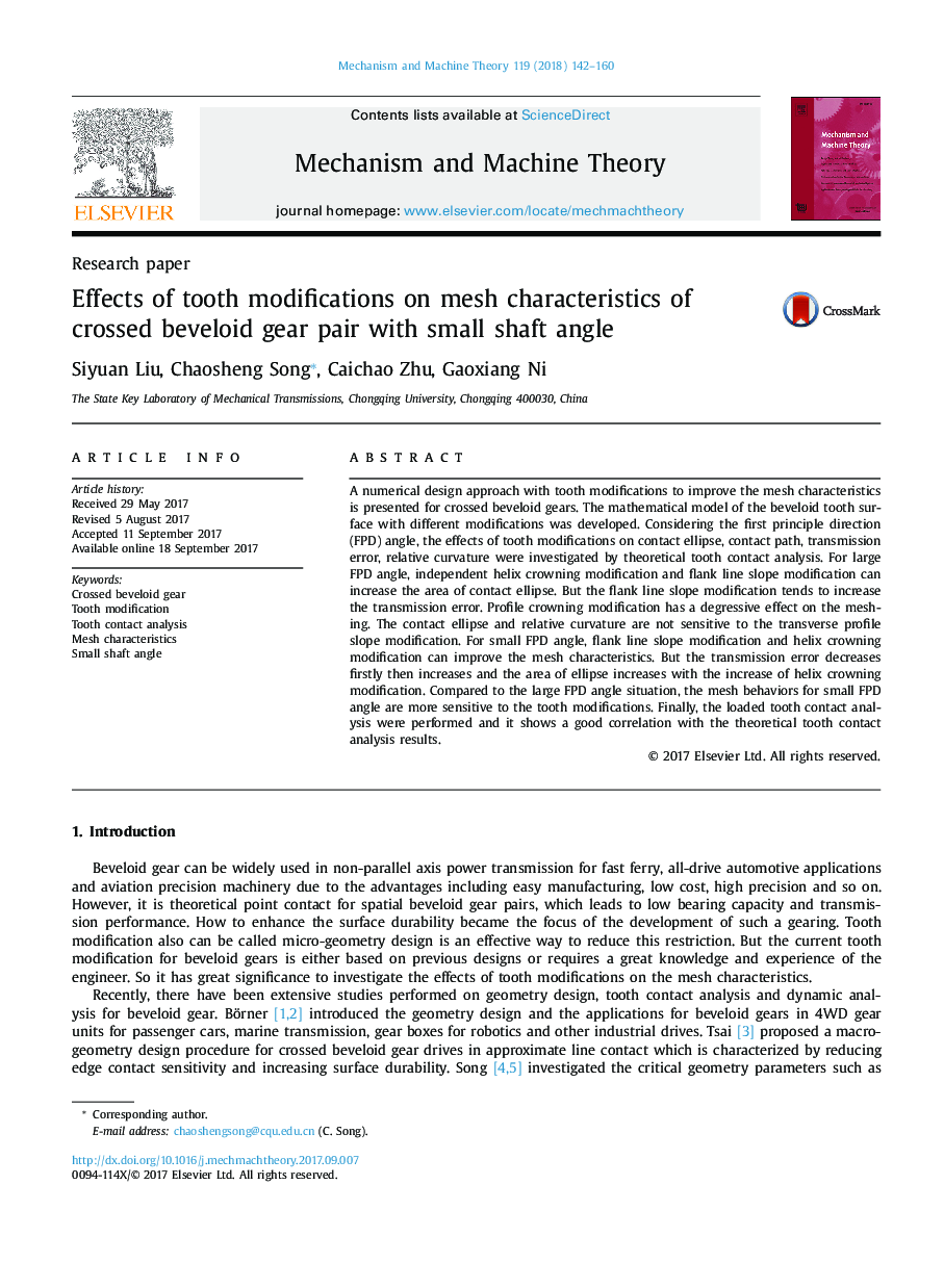 Research paperEffects of tooth modifications on mesh characteristics of crossed beveloid gear pair with small shaft angle