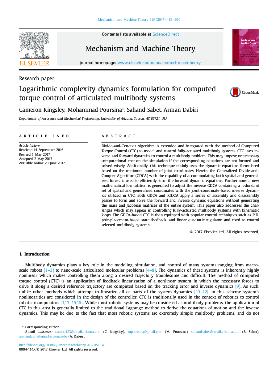 Logarithmic complexity dynamics formulation for computed torque control of articulated multibody systems